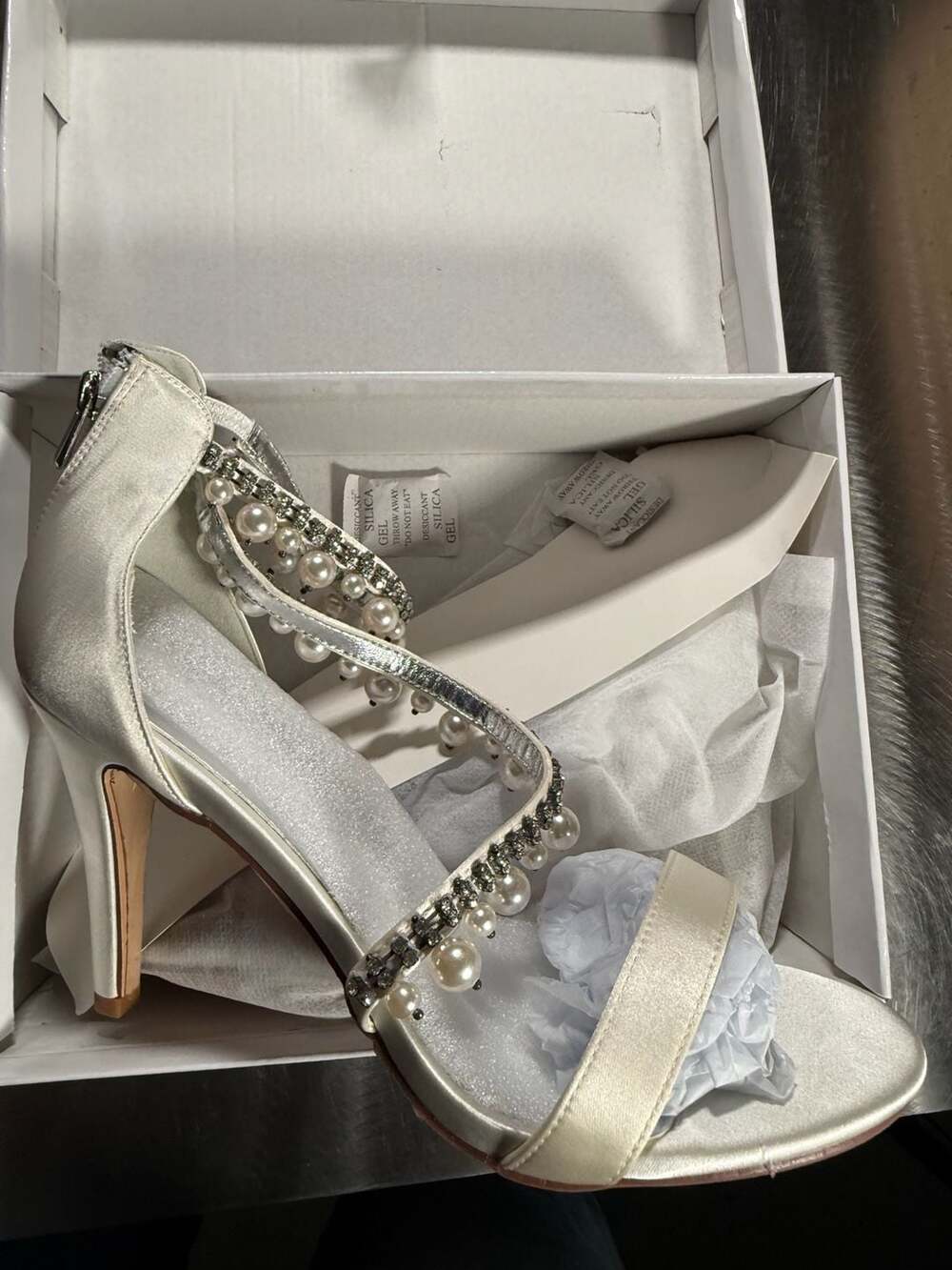 Ivory Satin Pearl and Rhinestone Embellished Stiletto Heels Size 42